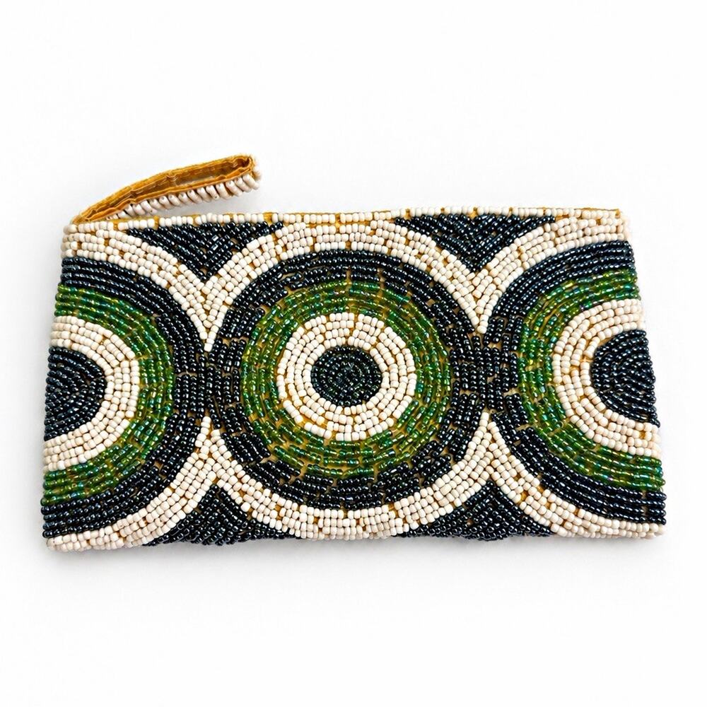 Beaded Clutch Pouch Green Black Ivory Geometric Purse